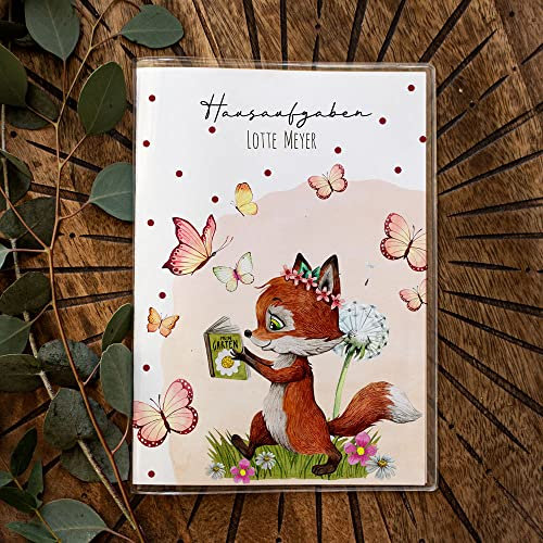 Hausaufgabenheft Hülle Fuchs Füchschen mit Buch Pusteblume Schmetterlinge personalisierbar Schulanfang Schulanfänger Einschulung Wunschname hh09 - ausgewählte Größe: *Hülle Hausaufgabenheft*
