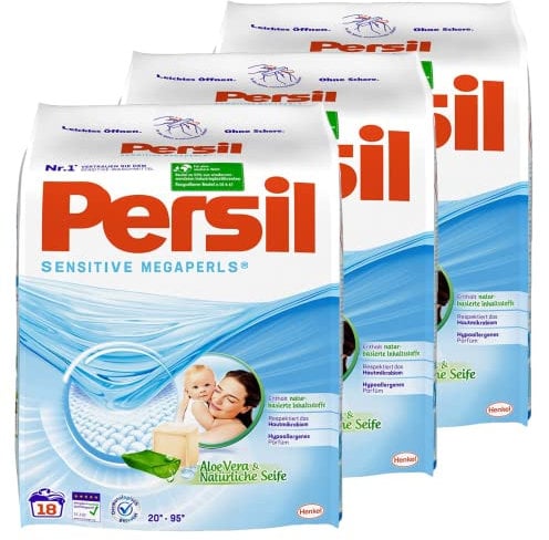 Persil Sensitive Megaperls, 54 (3 x 18 Waschladungen), ECARF-zertifiziertes Sensitive Waschmittel, duftet nach Aloe Vera & natürlicher Seife