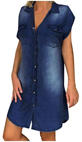 Jeanskleid Damen Klassisches Einfarbiges Hemdkleid Mode Blusenkleid mit Umlegekragen Gerades Kleid mit Reißverschluss Bequemes Kurzarm Mantelkleid Freizeitkleid Sommerkleid mit Tasche