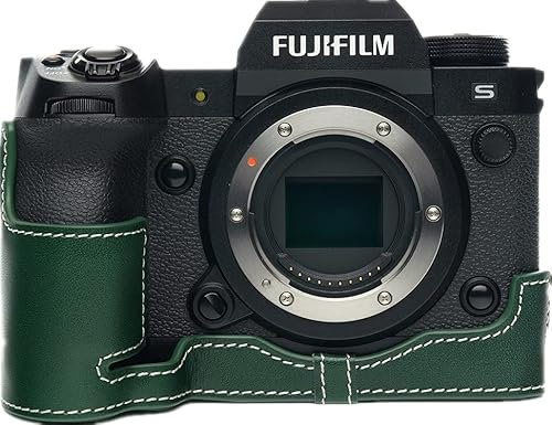 X-H2S Case, Zakao Handmade Genuine Real Leather Half Camera Case Bag Cover for Fuji Fujifilm X-H2S Bottom Opening Version With Hand Strap (Green)