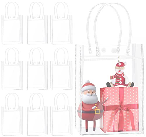 Cisolen 10 Stück Transparente Tragetasche PVC Geschenktüten Handtaschen Einkaufstaschen mit Griff Strandhandtasche Wiederverwendbare Geschenkverpackung Tasche