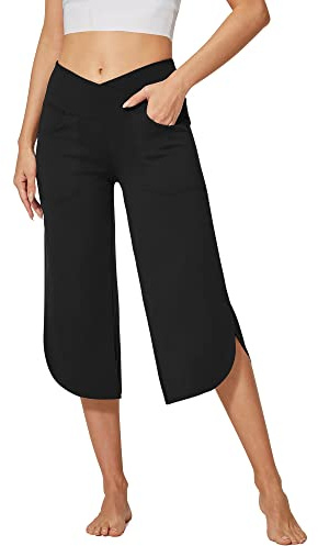 G4Free Caprihose Damen Sommer Mit Taschen Weites Bein Yogahose Lose Freizeithose Bootcut Stretch Hose Hohe Taille Jazzpants