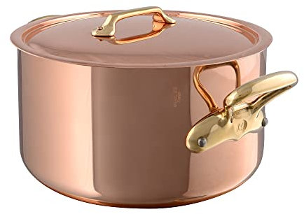 Mauviel M'Heritage 200 B Faitout en cuivre poli et acier inoxydable 2 mm avec couvercle et poignées en laiton, 6,1 l, fabriquée en France
