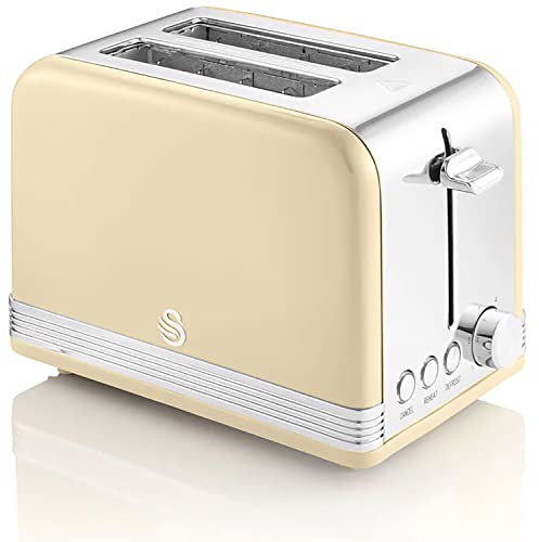 Swan Retro ST19010CNEU Tostapane a Fessura Larga 2 Fette, Design Vintage, 3 Funzioni: Scongelamento, Riscaldamento, Annullamento, 6 Regolatore del livello di Tostatura, Acciaio Inox., Crema, 815W