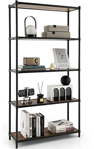 COSTWAY 5-Tier Bookshelf, Wooden Storage Bookcase Ladder Shelving Unit, Freestanding Metal Frame Display Rack Plant Stand for Living Room, Bedroom, Kitchen and Office (without X-Shaped Bar)