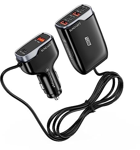SUNDAREE Auto Ladegerät Multiport,123W USB C 6 Port 12V QC PD Type C Kfz Schnellladen 1.75M Kable Rücksitz Zigarettenanzünder Adapter für Samsung A33/iPhone 14/Redmi Not 11/Google/MacBook/Galaxy Tab