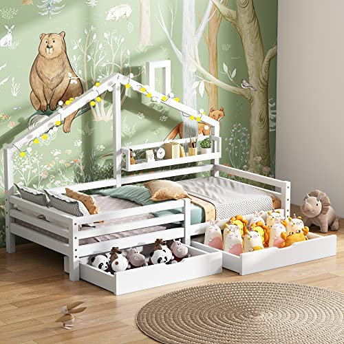 Hausbett Kinderbett Mit Ablageregal Und Zwei GroßEn Schubladen Mit Stauraum Und Kaminform 90X200 Weiß Vielseitiges Holz Kinderbett FüR Jungen & MäDchen Mit Rausfallschutz