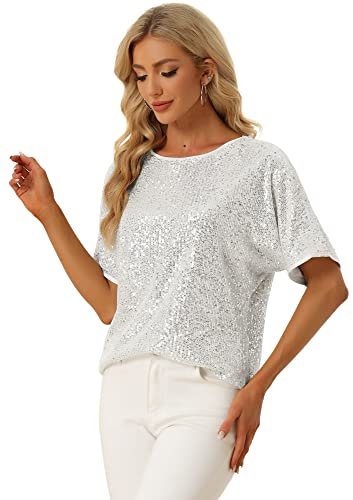 Allegra K Pailletten-Oberteil für Damen, Rundhalsausschnitt, Kurzarm, Party, Clubwear, Bluse, silber, Large