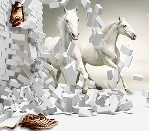 CILODO Photo Wallpaper Bricks & White Horses Non-Woven Art Print Fleece Wall Mural Decoration Poster Picture Design Modern 3D Optical Illusion 150cm×105cm