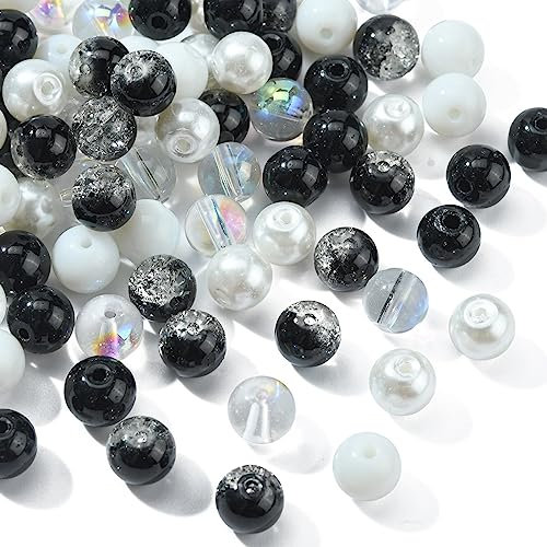 UR URLIFEHALL Lot de 100 perles rondes en verre - 8 mm - Noir et blanc - Pour la fabrication de bijoux, les loisirs créatifs