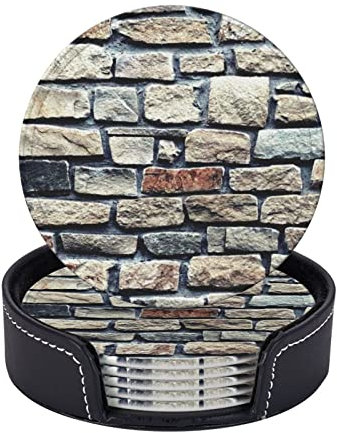 Fond de Mur en Pierre de Brique Industrielle, sous-Verres Ronds, Coussin de Tasses, Ensemble de Tapis de Tasses de 6 sous-Verres en Cuir avec Support