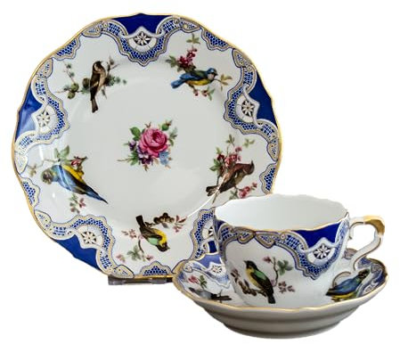 zweckart Kaffee-Gedeck 3 TLG. Kaffeetasse Untertasse Kuchenteller Vögel Royal blau