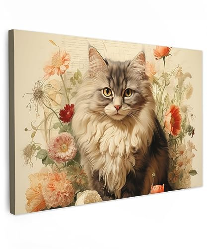 MuchoWow© Impression sur Toile Decoration Murale Peinture 90x60 cm Tableaux Decoratifs Muraux Déco Chambre Tableau Salon Vintage - Chat - Fleurs - Blanc - Nature - Animaux