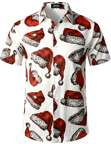 JOGAL Herren Weihnachten Hemd Funky Kurzarm Christmas Hawaiihemd Button Down Weihnachtsmann Print Freizeithemd Rot Hut Klein