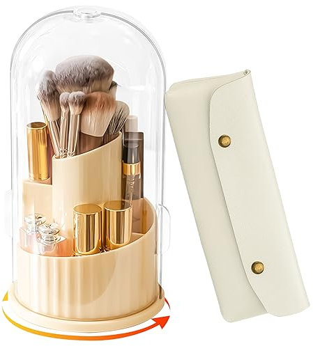 mumisuto Porta Pennelli Make Up Rotante a 360°, Porta Pennelli Trucco con 5 Scomparti, Portapennelli da Trucco con Coperchio, per Rossetti/Profumo, per Bagno, Scrivania, Piano di Lavoro
