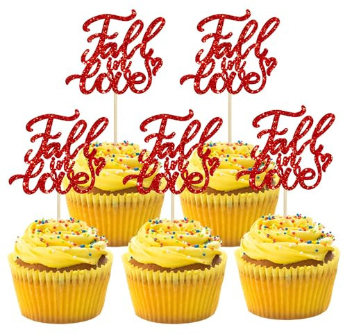 24 Stück Cupcake-Topper mit rotem Glitzer, Brautparty, Cupcake-Picks, Hochzeit, Verlobung, Jahrestag, Geburtstag, Party, Kuchendekorationen