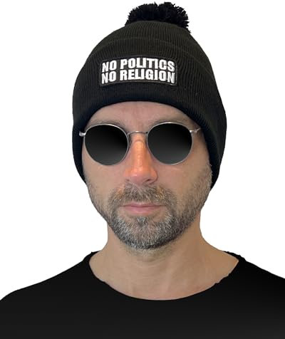 Wintermütze No Politics No Religion in schwarz mit Bommel I Unisex I bestickter Aufnäher zum wechseln I Bommelmütze Mütze Beanie Strickmütze