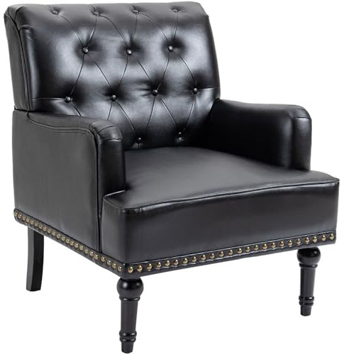 Sepnine Loungesessel, Polstersessel für Wohnzimmer aus PU Leder, Klassischer Ohrensessel mit Nieten und Holzbeinen, Einzelsofa mit Armlehnen, bis 150 kg belastbar (Schwarz)