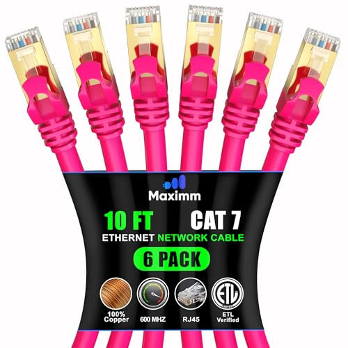 Lot de 6 câbles Ethernet Cat 7 de 3 m - Câble de raccordement haut débit pour Internet et réseau LAN, connecteurs RJ45 - Rose
