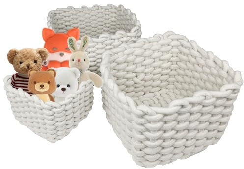 3er Set Weiß Baumwolle Seil Aufbewahrungskorb, AolKee wickelkommode organizer, wickeltisch organizer, korb aufbewahrung, Stoff Aufbewahrungsbox, Kleine Körbe für Kinderzimmer, Wohnkultur