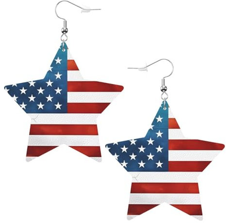 Vintage-Ohrringe mit amerikanischer USA-Flagge, Leder, Stern-Ohrringe, Anhänger, stilvoll und schön, leicht, baumelnd für Damen und Mädchen, Einheitsgröße, Leder
