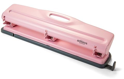Achieva Economy 3-Hole Punch - 12 Sheet Capacity, Paper Punch with Retractable Paper Guide, Easy Pull Chip Tray with See-Thru Window, Solid Steel Construction, Pink