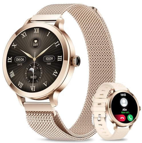 niolina Smart Watches for Women, 1.106 AMOLED Small Screen Smartwatch Answer/Make Call for Android iOS Phones, IP68 Waterproof Fitness Activity Tracker with 100+ Sports, Heart Rate, SpO2, Rose Gold