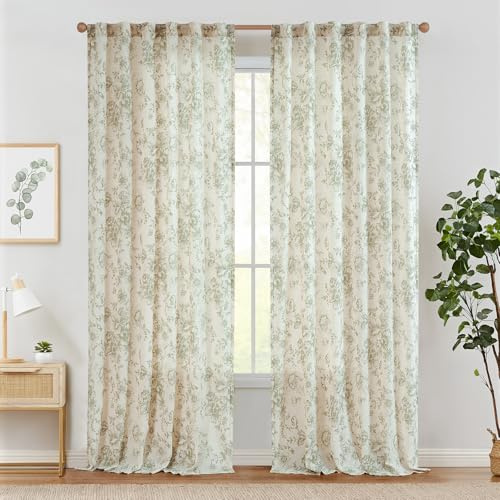 TOPICK Leinen Gardinen Floral Vorhänge mit verdeckten Schlaufen Lichtdurchlässig Bauernhaus Lang Gardinen Fensterschal für Wohnzimmer Schlafzimmer Fenster,2er Set 140 B x 210 H (cm),Grün auf Beige