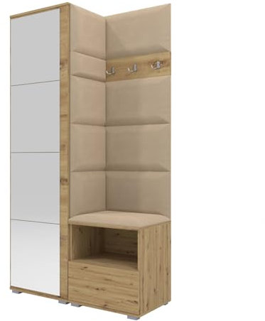 RAVIO Garderoben-Set NELA I mit Spiegel, 100cm Flurgarderobe mit Wandpaneele, Kompaktgarderobe mit Schuhschrank, Inklusive Montagekleber, Praktischer Garderobe (Artisan Eiche + Beige (Trinity 04))