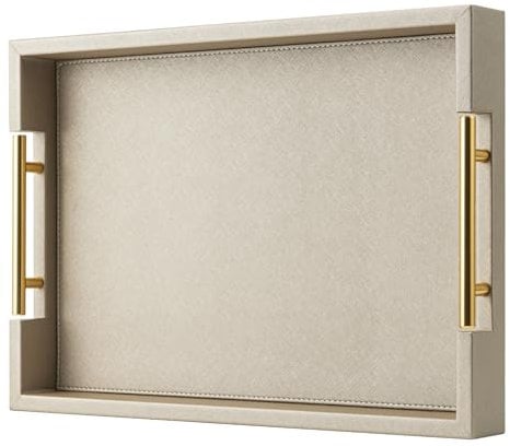 Champagne Faux Leather Serving Tray with Handles,17x12 inches, Large Decorative Tray for Ottoman Coffee Table Decor Living Room, Kitchen, Bathroom