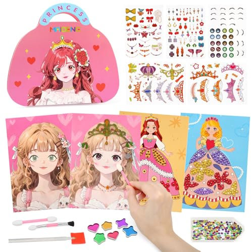 Ballery Geschenke für Mädchen 4 5 6 7 8 Jahre, Make-up & Ankleiden Stickerbuch Bastelset Kinder Spielzeug Geschenke für Mädchen, Princess Stickerbuch Dress Up Diamond Painting Basteln
