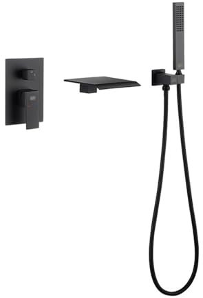Mitigeur Mural Baignoire Cascade Noir avec Douchette Design Panneau 200x160mm 2 Modes Robinet de Bain,noir