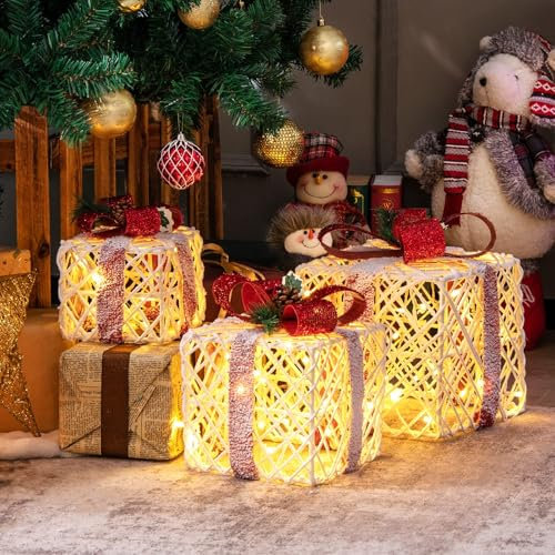 COSTWAY 3er Set LED Geschenkboxen, beleuchtete Weihnachtenboxen mit roten Schleifen, Weihnachtsdeko mit 60 warmweißen LED-Lichtern, Weihnachtsdekoration für Innen- & Außenbereich