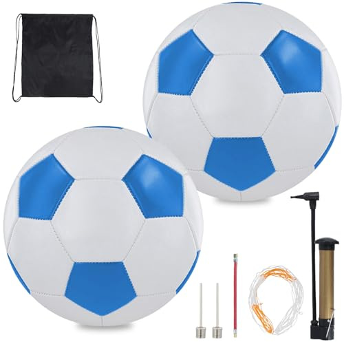 Nexhyp 2 Pack Premium Leather Kids Football Size 5 - Durable Soccer Ball and Pump for Boys Girls Adults, All-Weather Indoor Outdoor Football Training & Competition Use (Blue White)