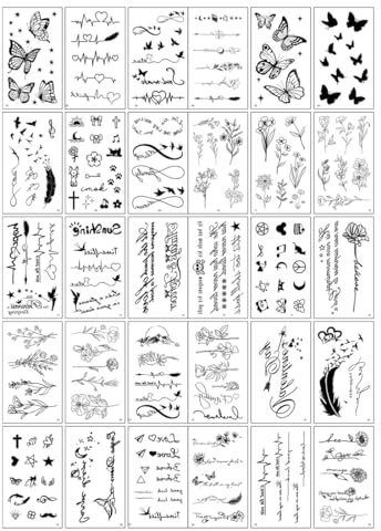 UEIOAVL Tattoos, 30 Blatt Fake Tattoos Temporäre Klebetattoos, Erwachsene Wasserfeste Tattoos Mädchen Arm Tattoos Selbstklebende Sticker Tattoo Aufkleber für Frauen Männer (Schwarz)