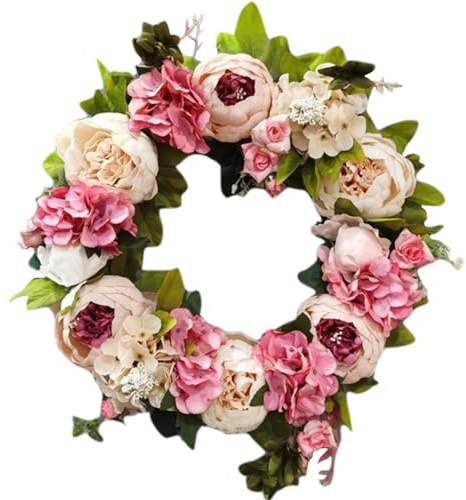 Frühlingskränze für die Haustür, 40,6 cm, Pfingstrosenkranz, künstlicher Blumenkranz, dekorativer Blumenkranz, Girlande für Hochzeit, Geburtstag, Wohnzimmer, Dekoration, Champagnerfarbener Pfingstrose