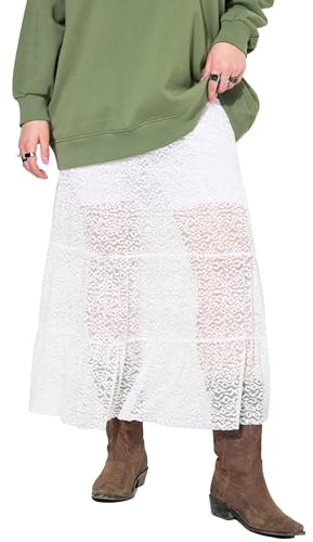 Studio Untold Damen große Größen Übergrößen Plus Size Spitzen-Maxirock, A-Linie, Elastikbund, Volants Offwhite 50+ 839601200-50+