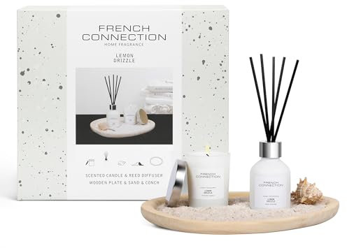 French Connection Lemon Drizzle Home Fragrance Gift Set | Scented Candle & Reed Diffuser with Wooden Plate, Sand | Luxury Aromatherapy Set | (Small)