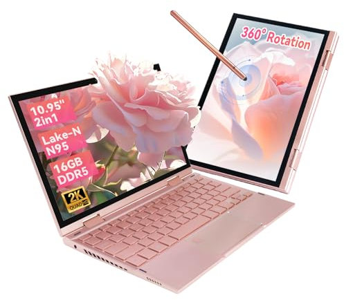AEEVD 10.95 Touchscreen Laptop, Celeron N95, 16GB DDR5, 2000×1200 Display, 360° Convertible, Fingerprint & Backlit Keyboard, 2x Type-C, 1.1kg, Windows 11 (Rose Gold, 16+256G)