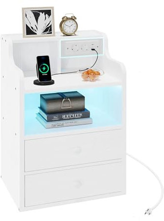 IRONCK Nachttisch LED mit Steckdose und Ladefunktion, Beistelltisch Holz, Nachtschrank mit 2 AC, 1 USB& 1 Type-C Anschlüsse, Sofatisch mit 2 Schubladen, Nachtkästchen Wohnzimmer,Schlafzimmer, Weiß