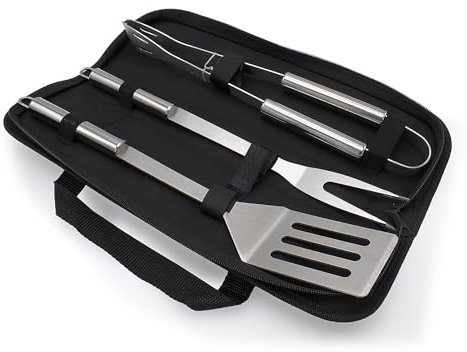 Rin & Rut Grillbesteck Set – 3-teiliges Camping Besteckset aus Edelstahl mit Zange, Gabel & Wender | Inkl. Tragetasche | Robustes Grillbesteck für BBQ, Garten & Outdoor