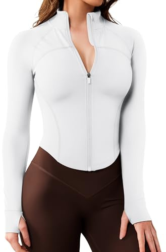 Queenie Ke Women's Long Sleeve Yoga Crop Running Jacket - BBL Gym Jacket with Thumb Holes, Sports Activewear for Fitness & Workouts (White, Small)