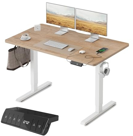 FEZIBO Bureau Assis Debout avec Ports de Charge USB-A et USB-C - 120 x 60 cm - Bureau électrique réglable en Hauteur - Standing Desk- Chêne