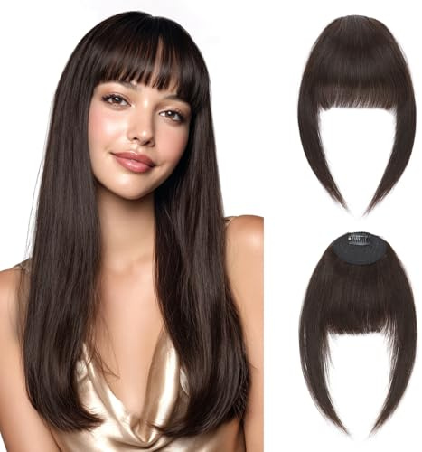 MY-LADY Clip in Pony Haarteile Echthaar 14g Leichter Dunkel Braun Clip in French Bangs with Temples, Natürlicher Look Für Frauen Gesichtskonturen Korrigieren (#02)