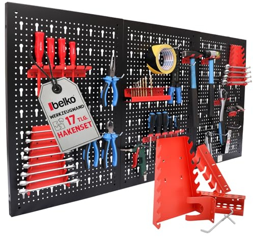 Belko® Werkzeugwand Rot 120x60 cm inkl. 17-teiligem Haken & Regal Set | Lochwand Metall mit Werkzeughalter | Pegboard Stecksystem für Werkstatt, Garage & Keller | Werkzeug Regal Organizer