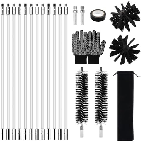 RNPKZ Chimney Sweep kit, 21Pcs Chimney Cleaning Brush Kit with 12 Flexible Rods, 2 Brush Heads, 2 Dryer Lint Brush & Accessories, Duct Vent Cleaning Set for Chimney Hood Ducts Dryer Vents Sewage Pipe