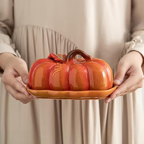 Uwenkjie Ceramic Pumpkin Butter Dish with Lid, Glazed Orange Kitchen Storage Container, Handcrafted Countertop Butter Keeper, 19.5x9.5x11.5 cm