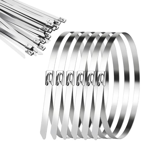 msymsyu 200 Stück Metall Kabelbinder 4.6MM (Breite) Kabelbinder Edelstahl | 300/400/500MM (Länge), Rostfrei, Selbstsichernde Edelstahlbinder, Metallkabelbinder für Baustahlmatten Zaunbau (Silber)