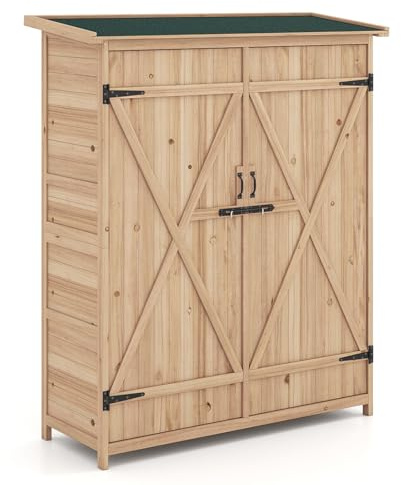 COSTWAY Gartenschrank Holz, Geräteschuppen mit Wasserfestem Asphaltdach & Abnehmbare Regale & Abschließbare Türen, Gerätehaus, Outdoor Gartenhaus für Garten, Terrasse, Rasen, 140 x 51 x 163 cm