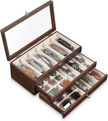 Emfogoo Présentoir à couteaux de poche à 3 niveaux, rangement en bois avec couvercle transparent pour collection, cadeau pour homme (noyer)